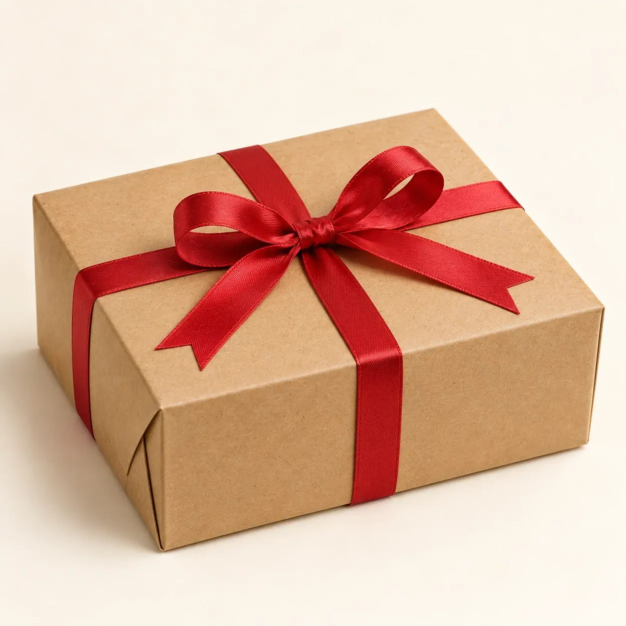 Closed natural kraft gift box finished with a red ribbon