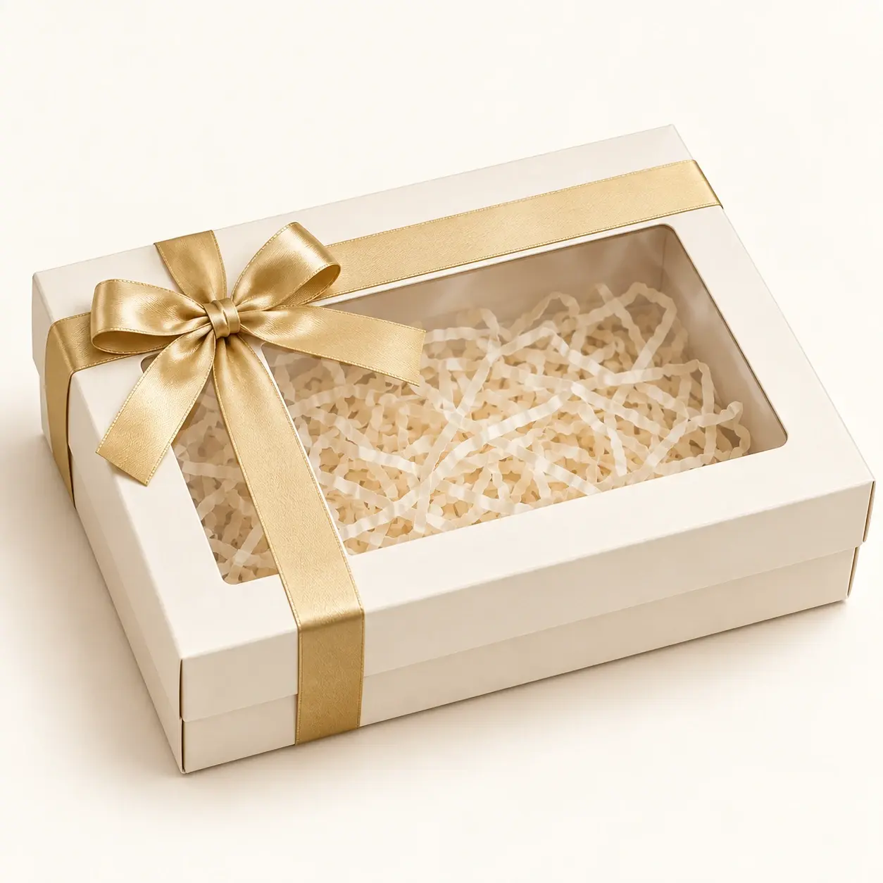 Ivory paperboard window treat box, shown closed