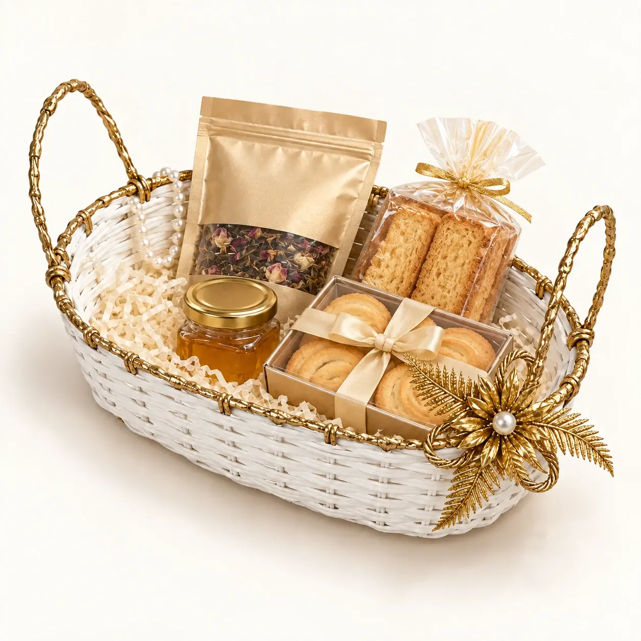 Ivory Oval Presentation Basket filled hamper — White oval woven basket with ivory filler, gold floral ornament and pearls