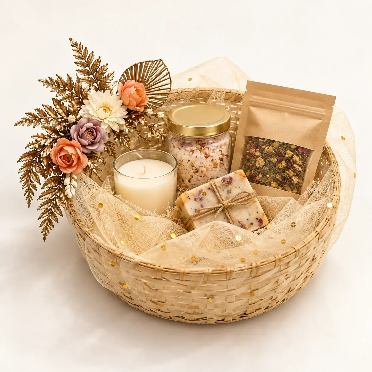 Golden Floral Round Basket filled hamper — Large natural round basket with gold net, mixed florals and metallic foliage