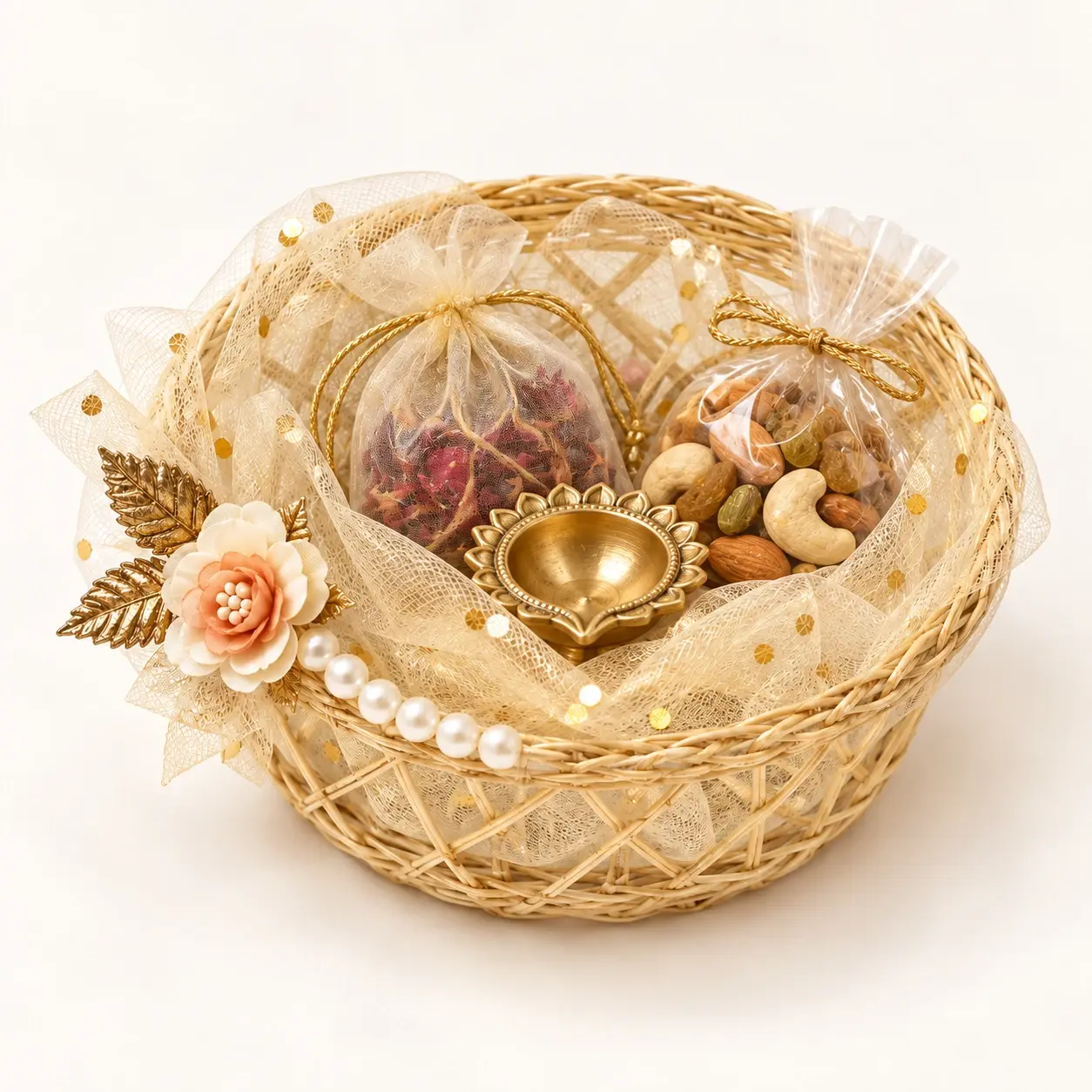 Petite Pearl Favour Basket filled hamper — Small natural round basket with gold net, pearl strand and floral accent