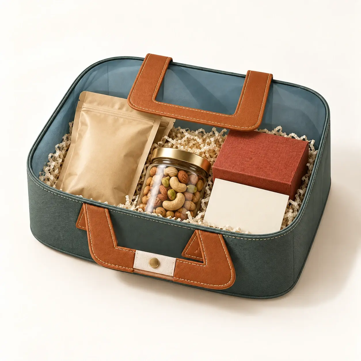 Teal Structured Gift Case filled hamper — Teal structured case with tan handles, teal beads and gold foliage