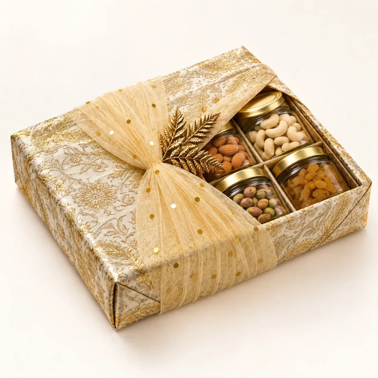 Gold Brocade Presentation Wrap filled hamper — Cream-gold brocade with dotted gold net, neutral form and metallic foliage