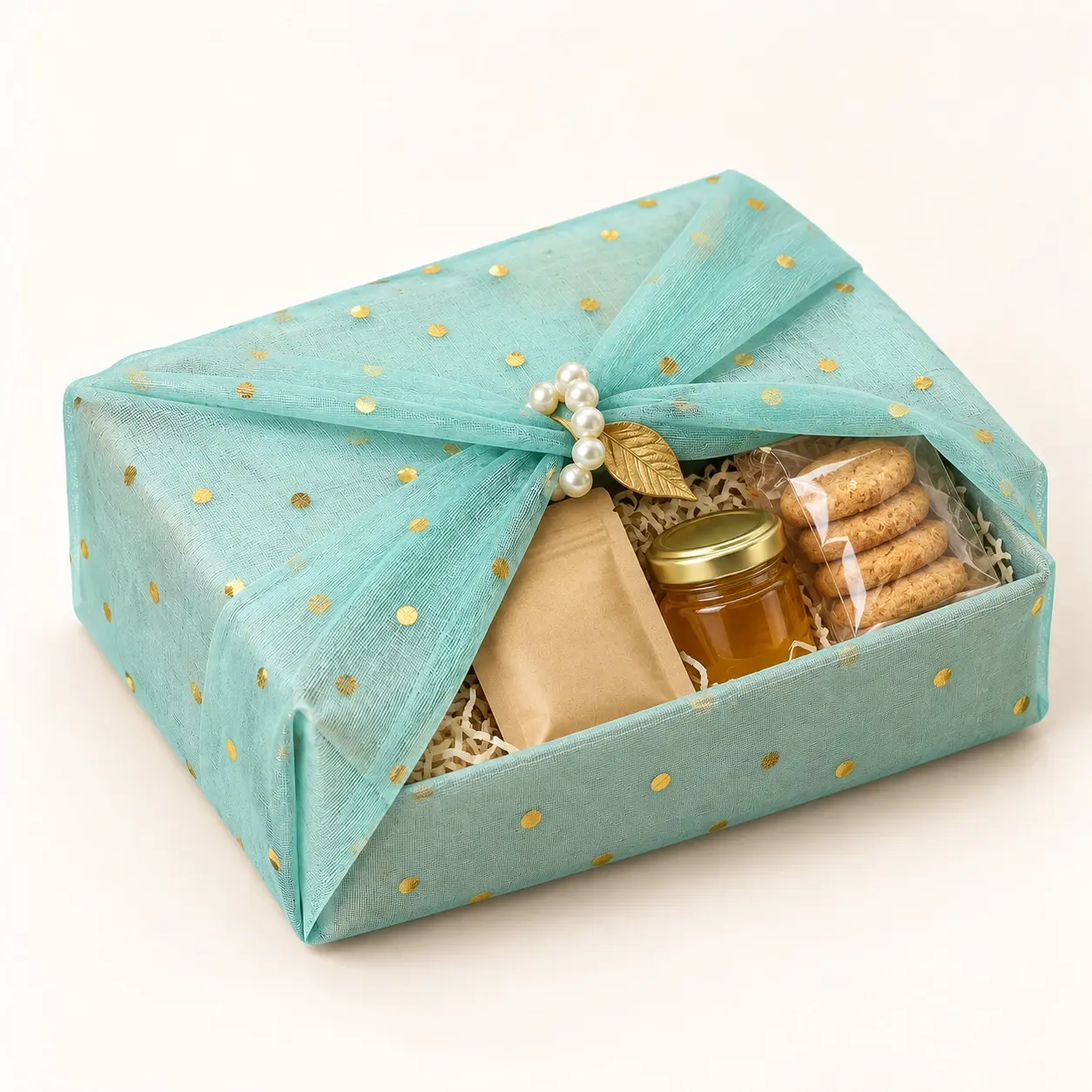 Aqua Dotted Gift Wrap filled hamper — Aqua dotted fabric on a neutral form with pearl fastening and gold leaf