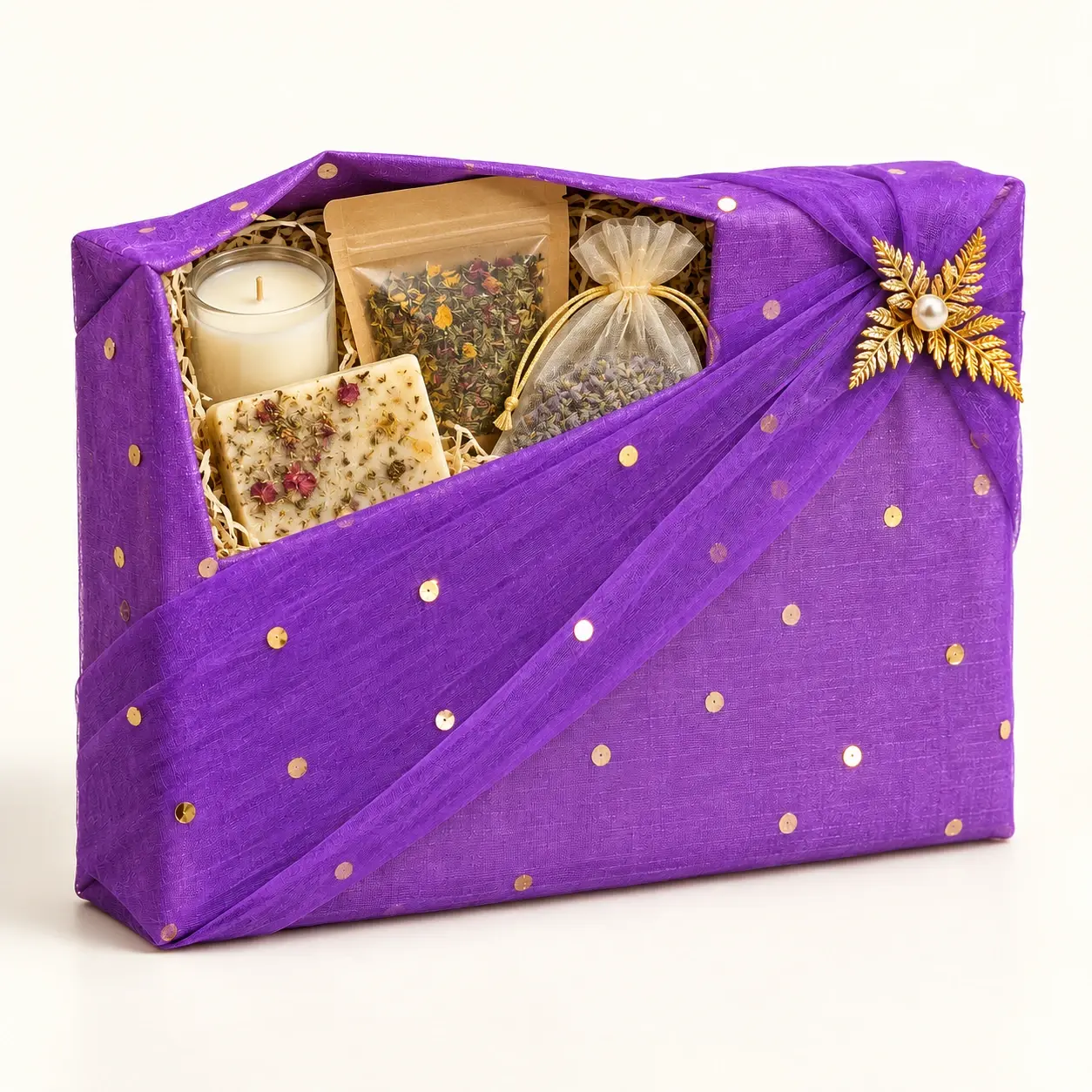 Violet Dotted Gift Wrap filled hamper — Violet dotted fabric on a neutral form with gold floral fastening