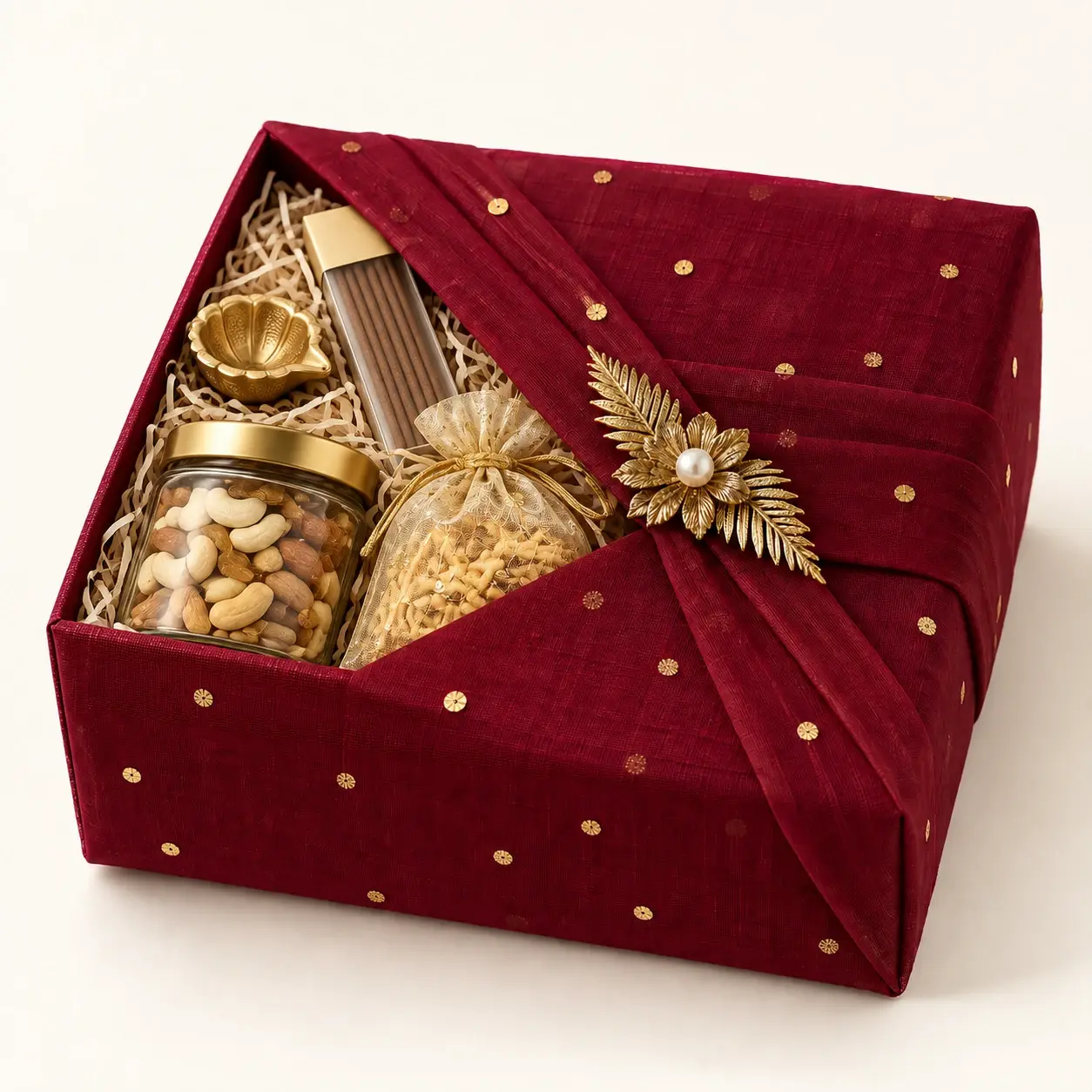 Maroon Celebration Wrap filled hamper — Maroon dotted fabric on a neutral form with gold foliage ornament