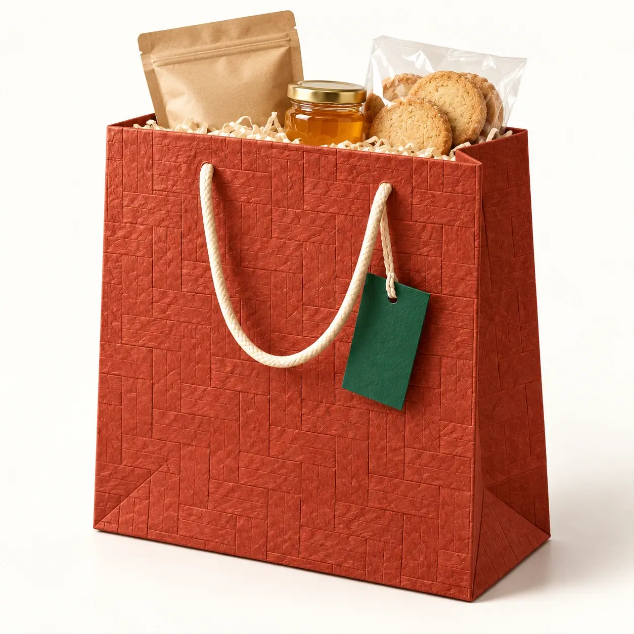Terracotta Textured Gift Bag filled hamper — Terracotta textured bag with cream cord handles, ivory filler and blank emerald tag