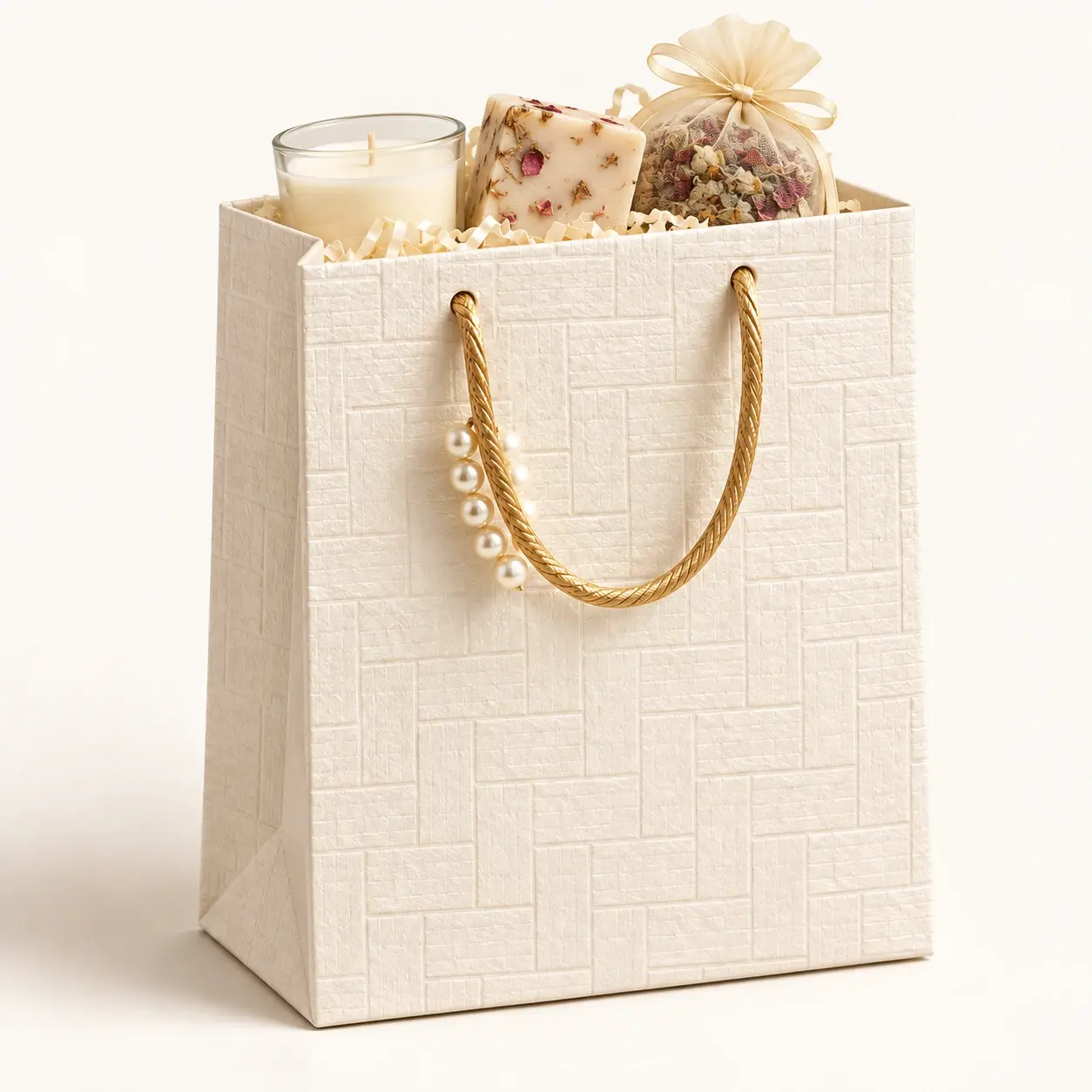 Ivory Pearl Gift Bag filled hamper — Ivory textured bag with gold cord handles, pearl accent and ivory filler