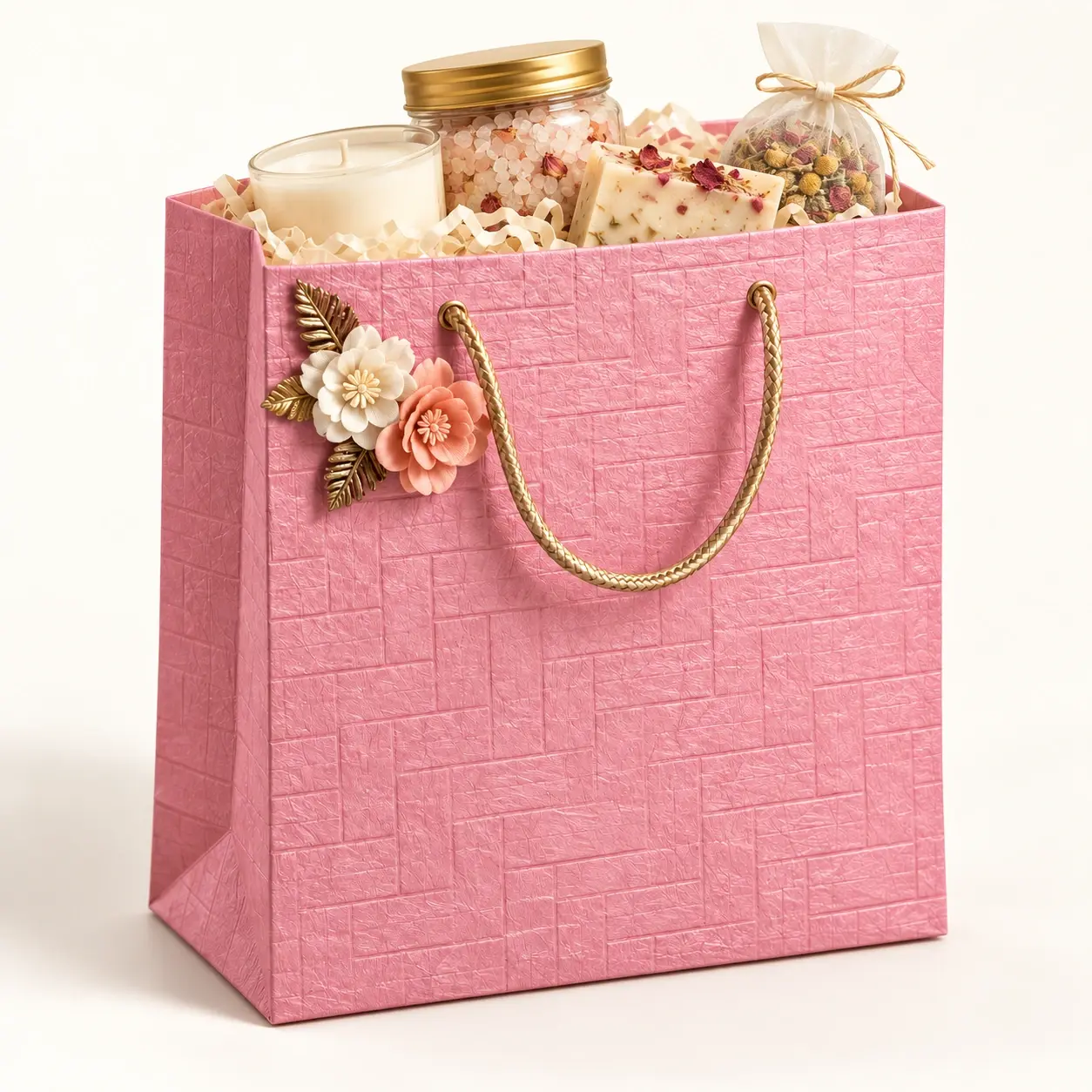 Blush Floral Gift Bag filled hamper — Blush textured bag with ivory filler and restrained floral accent
