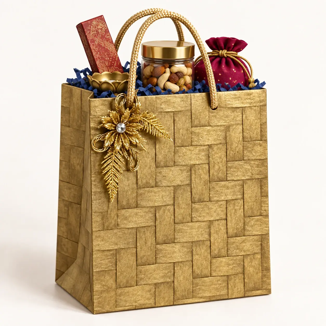 Gold Festive Gift Bag filled hamper — Muted-gold textured bag with navy filler and gold floral ornament