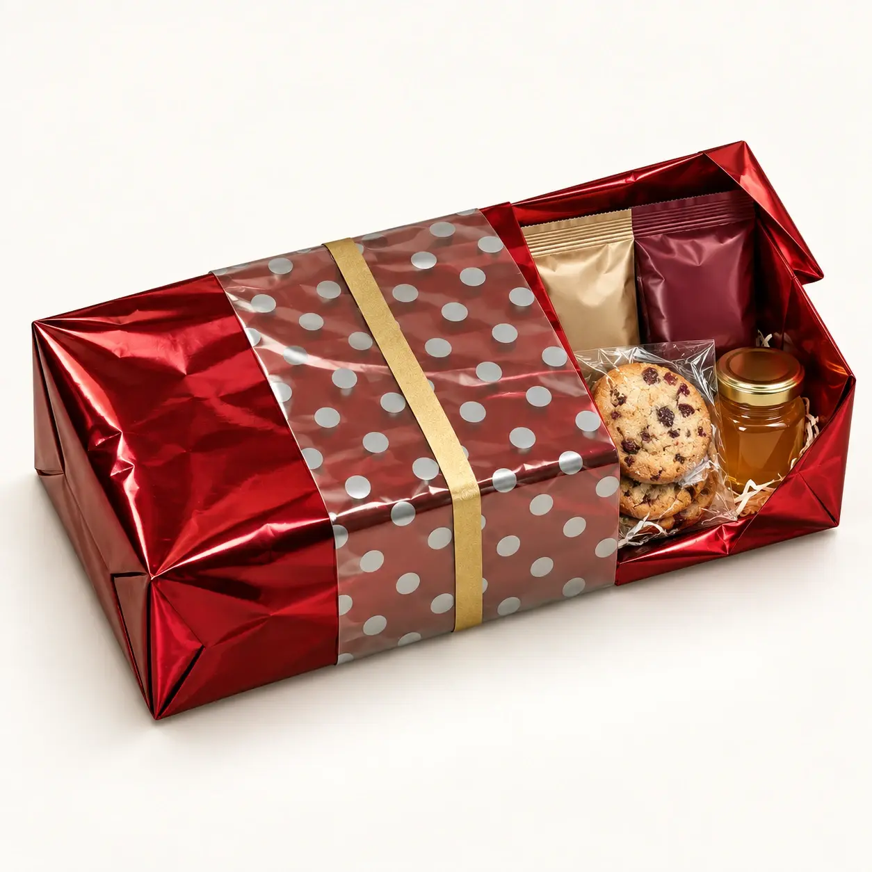 Metallic Celebration Sleeve filled hamper — Ruby metallic wrap with transparent silver-dot band and narrow gold fastening
