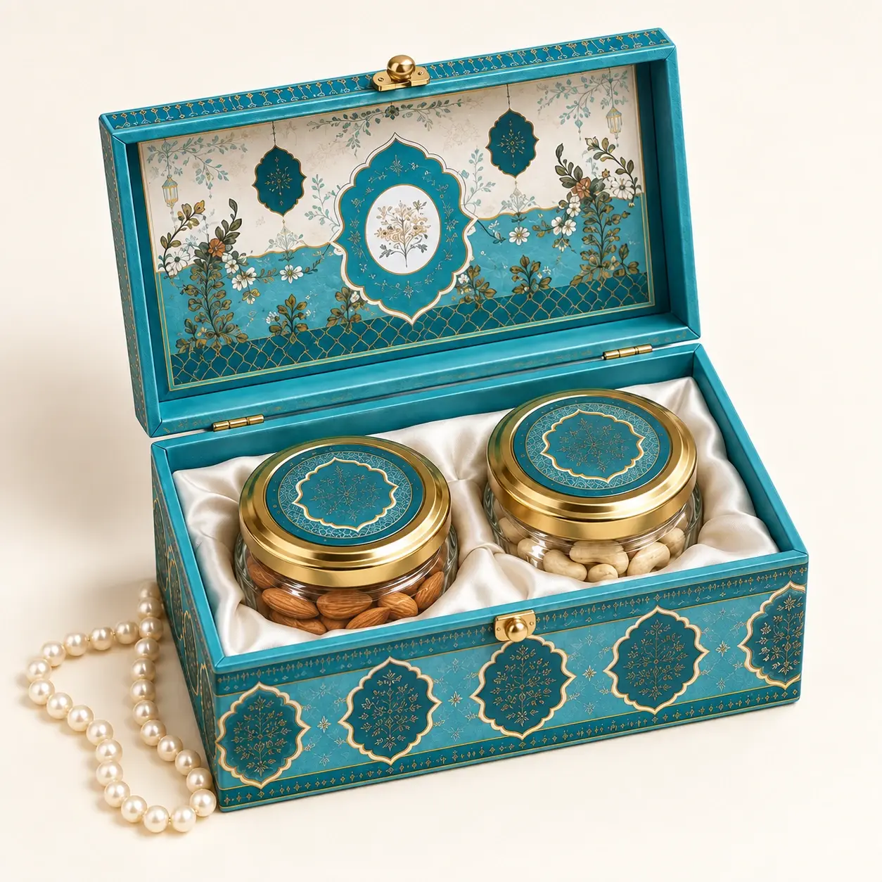 Teal Twin Jar Keepsake filled hamper — Teal decorated hinged box with two gold-lid jars and ivory pearl detail