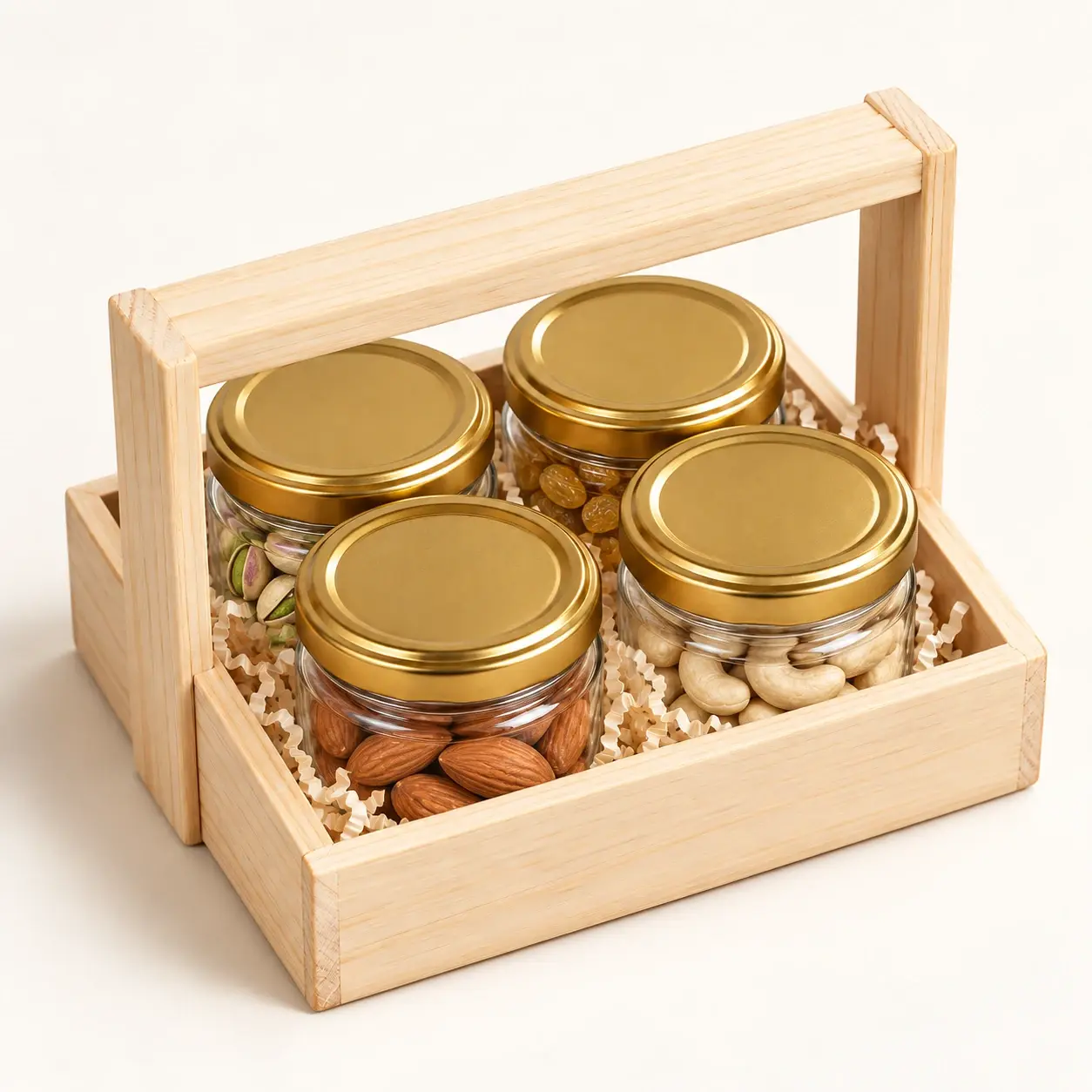 Natural Four-Jar Carrier filled hamper — Natural wooden carrier with four gold-lid jars, ivory filler and gold foliage
