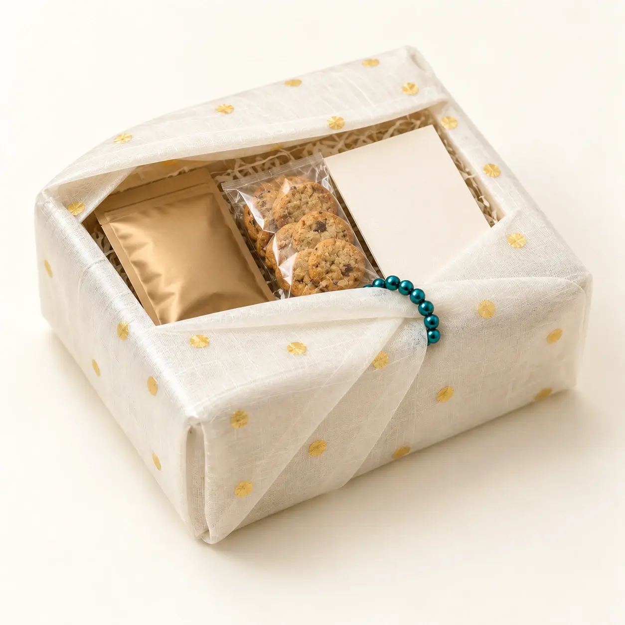 Ivory Dotted Gift Wrap filled hamper — Ivory dotted fabric on a neutral form with teal bead closure
